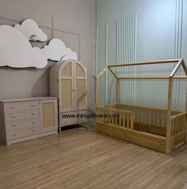 decorative-wooden-baby-hut سرویس ٣ تيكه كلبه كشودار، كمد و دراور حصيرى