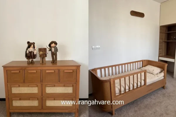 kids-teen-wooden-bed-wicker-dresser ست تخت و دراور چوبی و حصیری