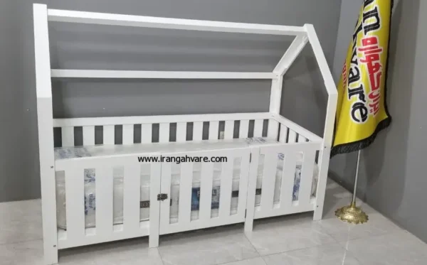 تخت کلبه‌ای چوبی مونته‌سوری با نرده مستطیلی تخت ایمن نوزاد، کودک و نوجوان ایران گهواره